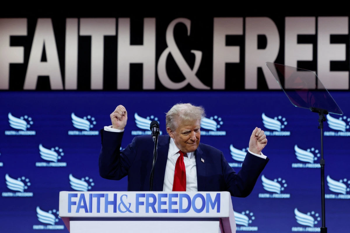 Republican presidential candidate Donald Trump reacts as he speaks at the Faith and Freedom Coalition's 'Road to Majority' policy conference in Washington on June 22, 2024. (REUTERS)