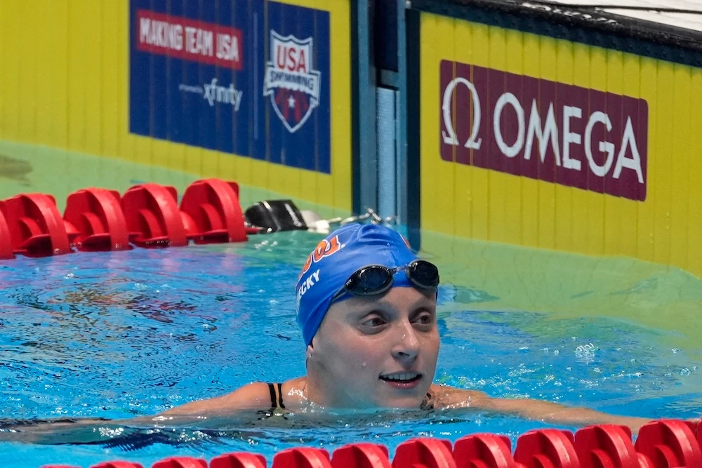 Katie Ledecky after winning the women’s 800m freestyle final Saturday at the US swimming Olympic trials in Indianapolis. (AP)