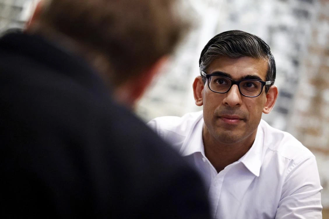 Britain’s Prime Minister and Conservative Party leader Rishi Sunak meets with nighttime economy representatives in central London, Saturday June 22, 2024 as part of a campaign event in the build-up to the July 4 general election. (AP)