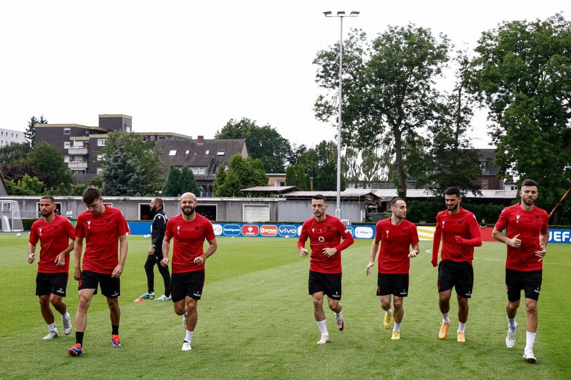 Albania’s players take part in a training session at their base camp in Kaiserau, on June 23, 2024 on the eve of their UEFA Euro 2024 Group B football match against Spain. (AFP)