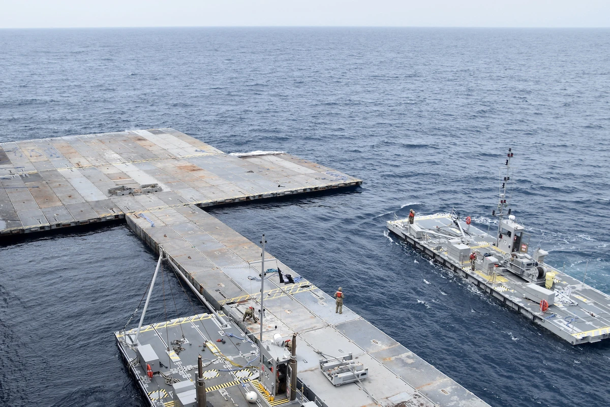 Construction work on the floating Joint Logistics Over-The-Shore (JLOTS) pier in the Mediterranean Sea. (File/AFP)