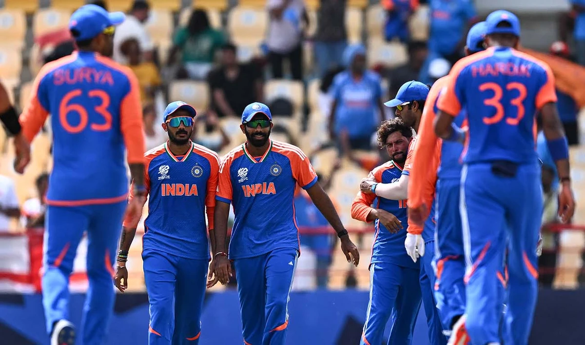India players congratulate each other after defeating Australia during the ICC men's Twenty20 World Cup 2024 Super Eight cricket match between Australia and India at Daren Sammy National Cricket Stadium in Gros Islet, Saint Lucia on June 24, 2024. (AFP)