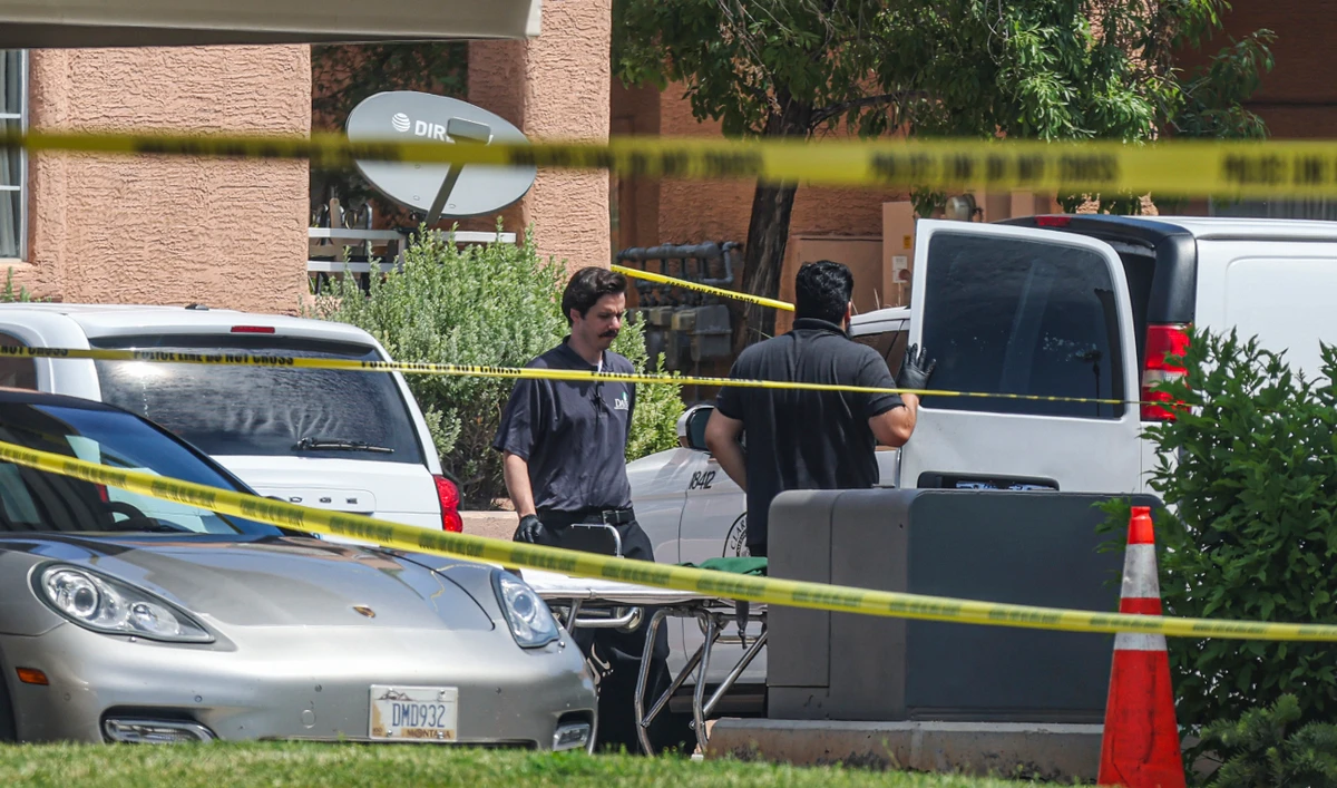 North Las Vegas Police investigate the scene of Monday night’s shooting at an apartment complex in North Las Vegas, Tuesday, June 25, 2024. (AP)