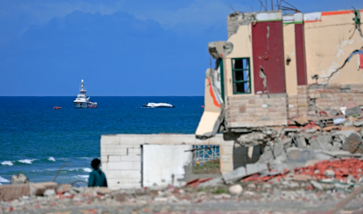 The Open Arms maritime vessel that set sail from Larnaca in Cyprus carrying humanitarian aid approaches the coast of Gaza City on March 15, 2024. (AFP/File)