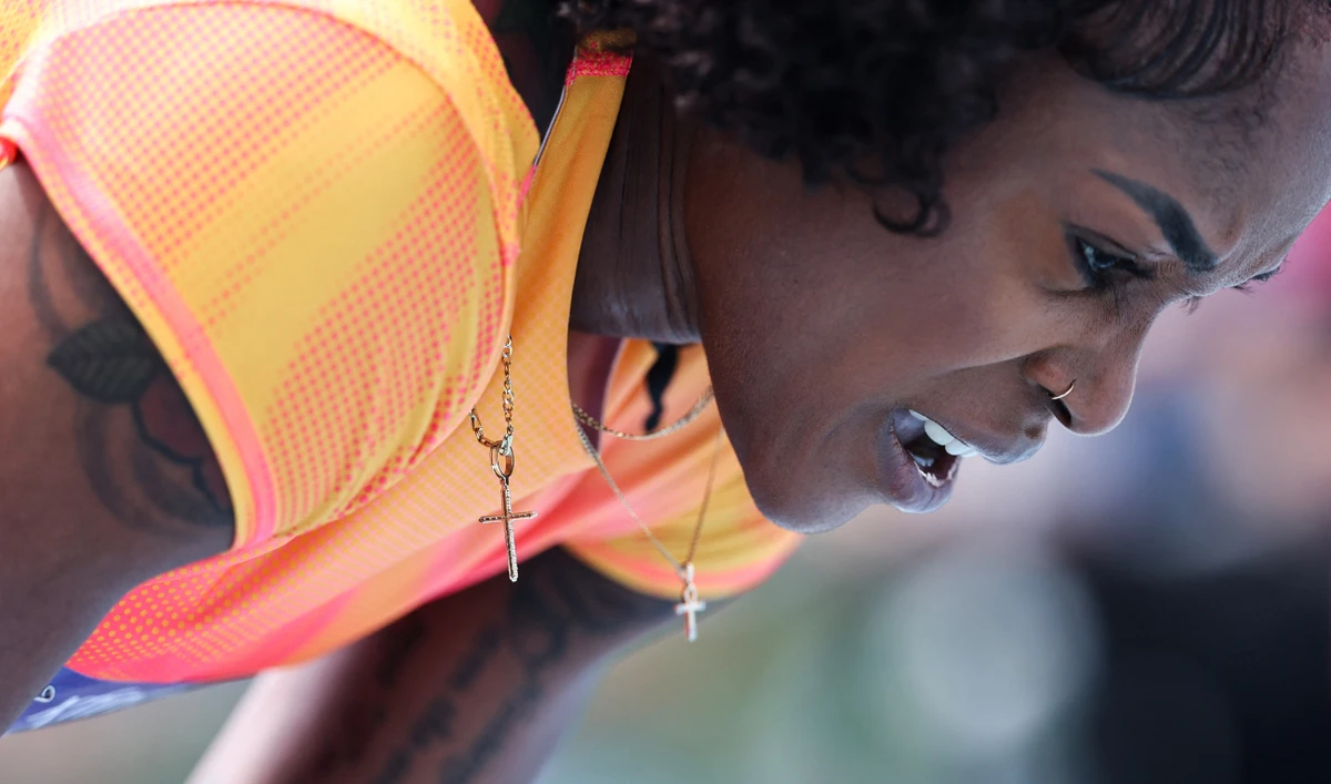 Elaine Thompson-Herah of Jamaica after the women's 100m during the 2024 USATF NYC Grand Prix on June 9, 2024 in New York City. Thompson-Hera confirmed in a statement Wednesday she will not defend her titles at next month's Paris Games due to injury. (AFP)