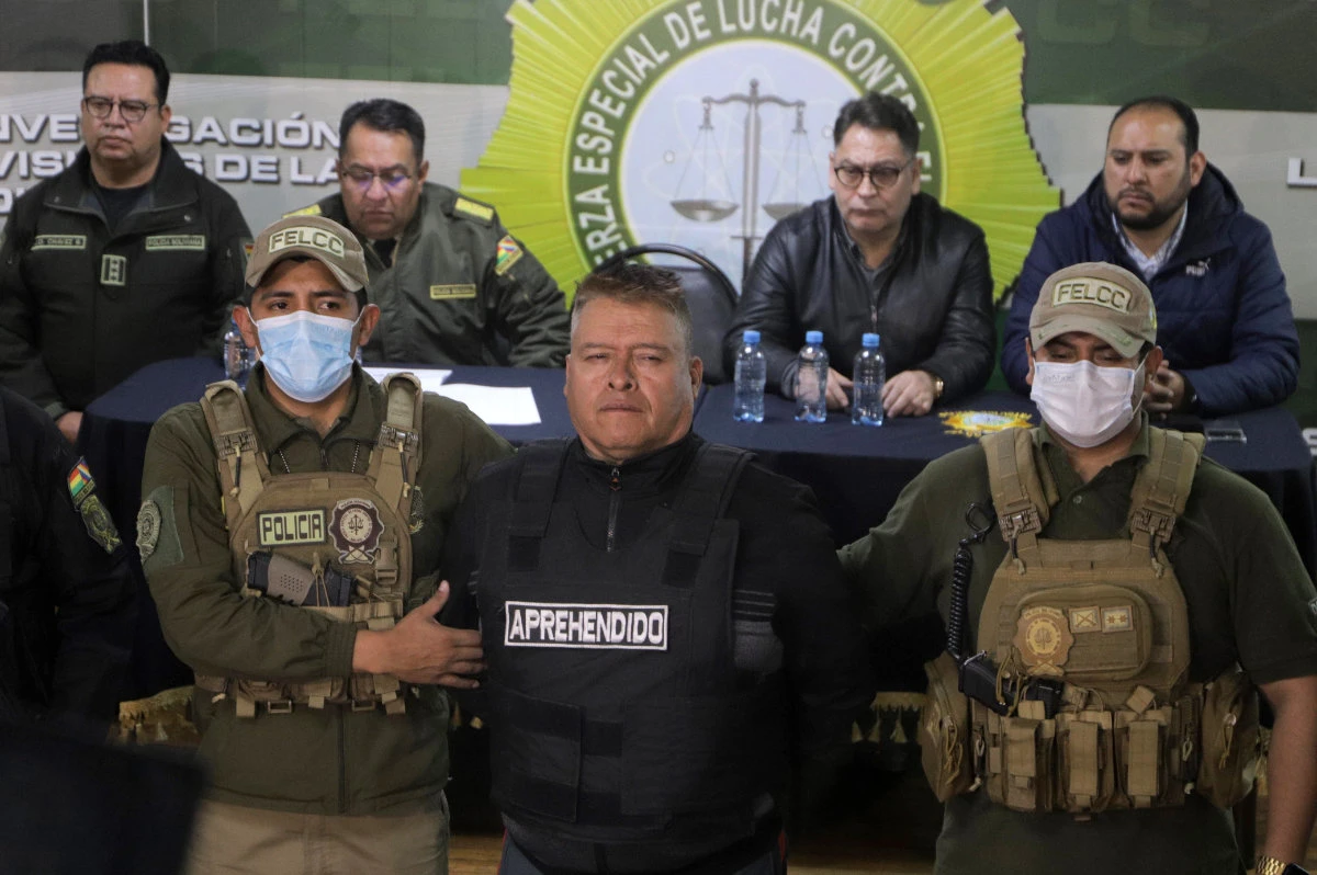 Dismissed Bolivian Army commander Juan Jose Zuniga is presented at the premises of the Special Force Against Crime after his arrest for being part of a failed military takeover against the government, in La Paz, Bolivia, 26 June 2024. (EPA)