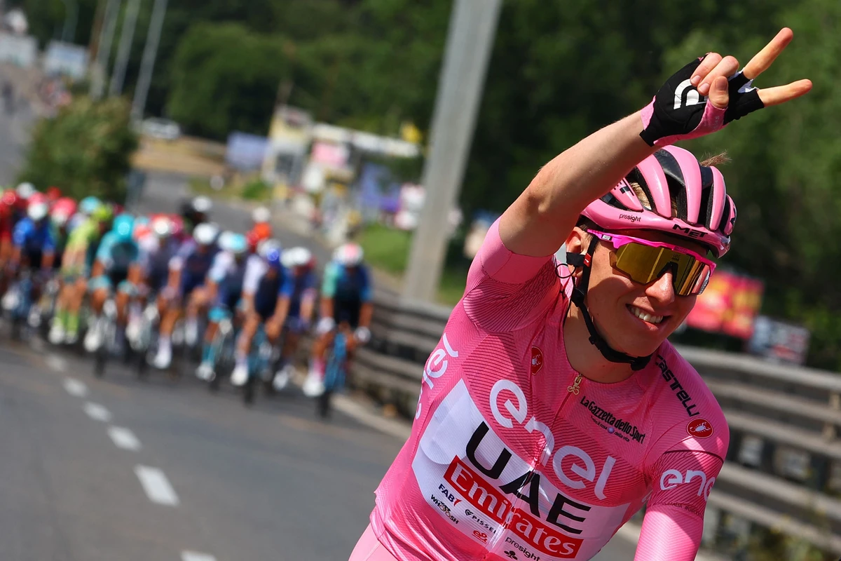 Team UAE's Slovenian rider Tadej Pogacar gestures a victory sign during the 21st and last stage of the 107th Giro d'Italia cycling race, 125km from Rome to Rome, on May 26, 2024. (File/AFP)