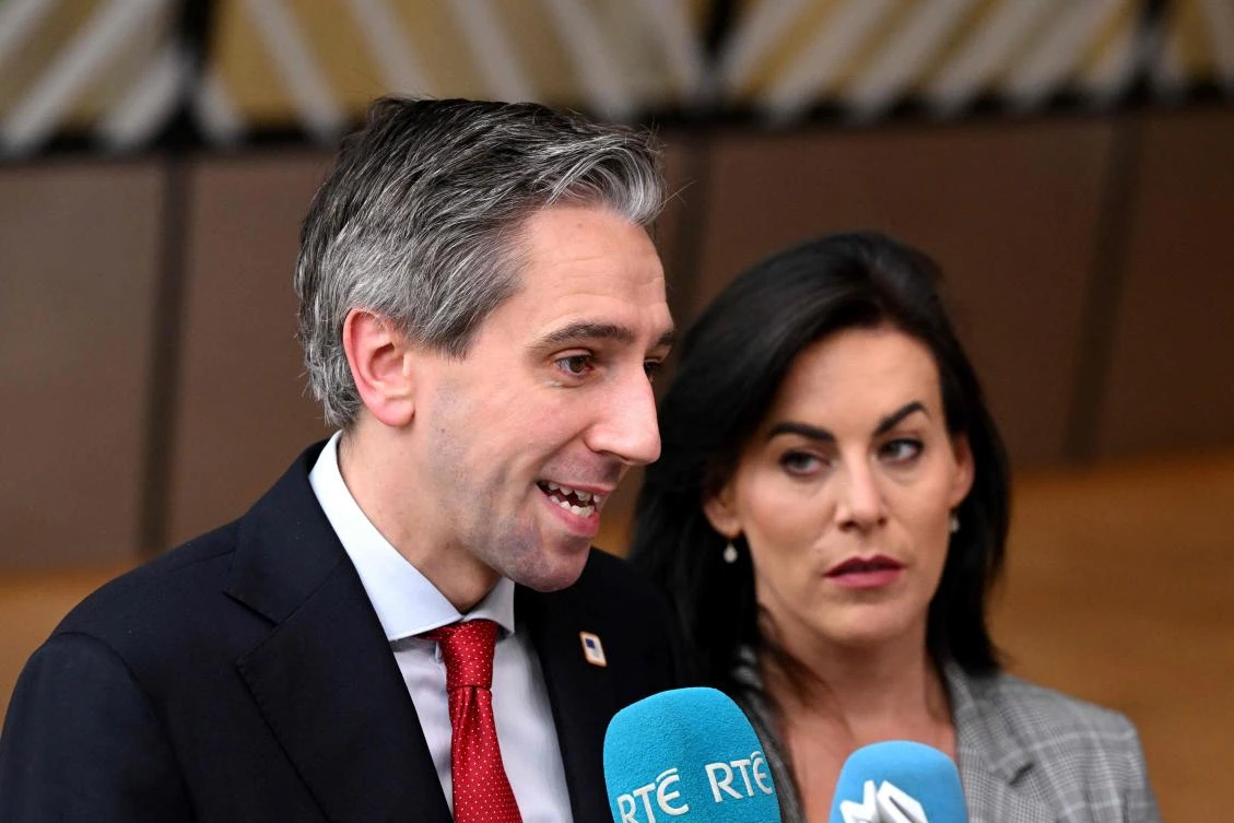 Ireland’s Prime minister Simon Harris talks to journalists ahead of the European Council Summit at the EU headquarters in Brussels on Jun. 27, 2024. (AFP)