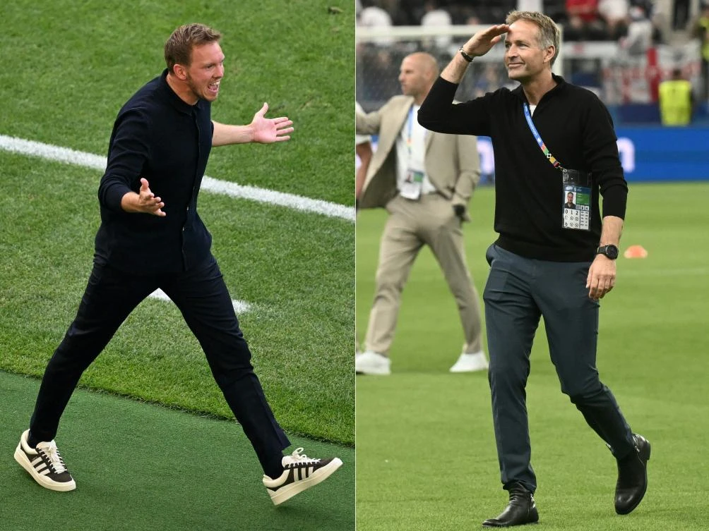 This combination of pictures created on Jun. 26, 2024 shows Germany’s head coach Julian Nagelsmann and Denmark’s head coach Kasper Hjulmand. Germany will play against Denmark during the Euro 2024 round of 16 at the BVB Stadion in Dortmund on Jun. 29, 2024. (AFP)