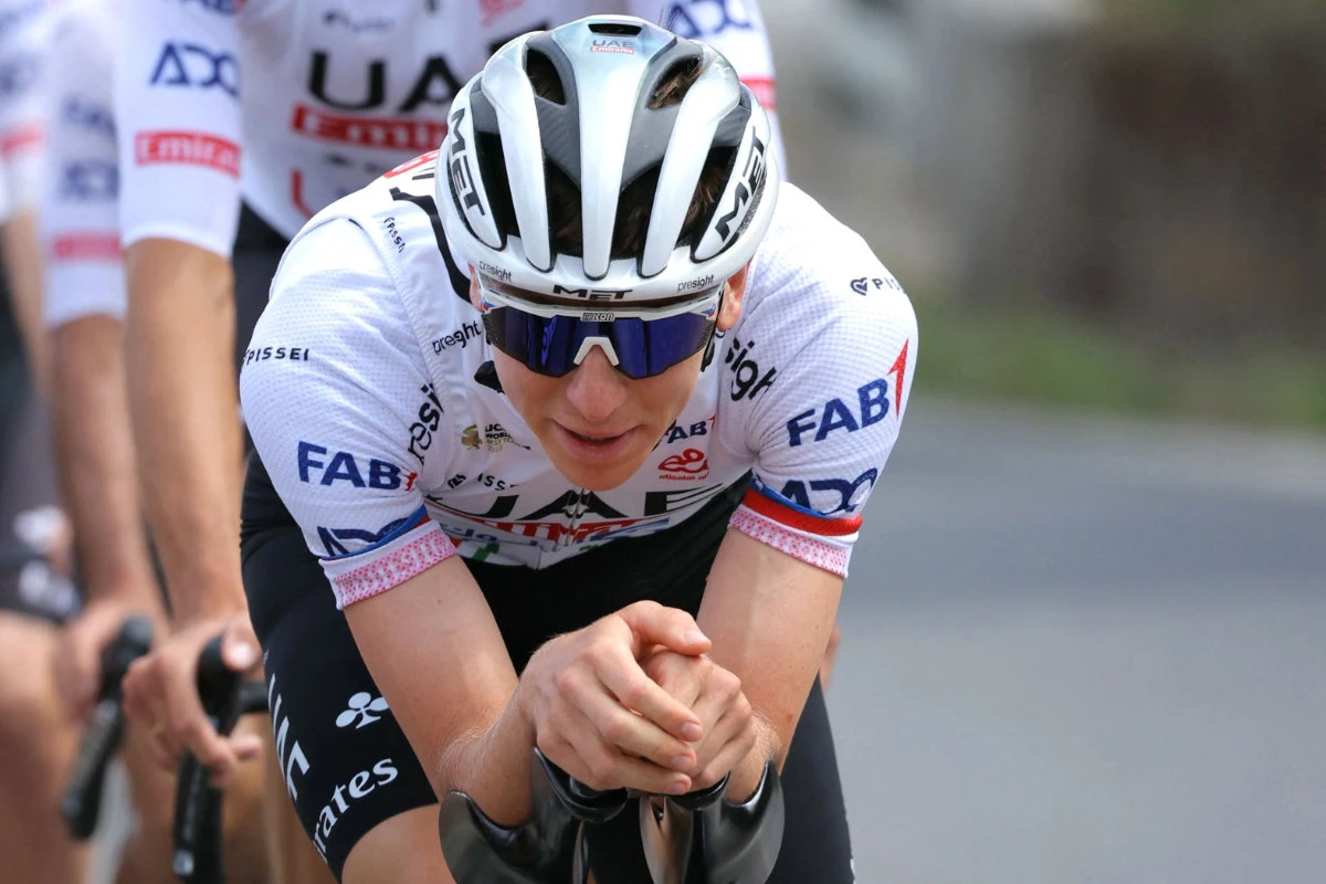 UAE Team Emirates team's Slovenian rider Tadej Pogacar cycles during a team training session ahead of the 111th edition of the Tour de France cycling race, in Florence in Italy, on June 27, 2024. (AFP)