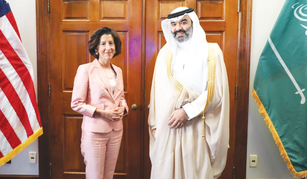 US Secretary of Commerce Gina Raimondo receives Abdullah Al-Swaha in Washington. (Supplied)