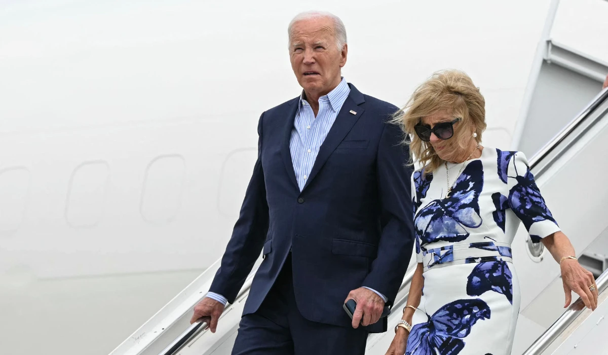 US President Joe Biden and First Lady Jill Biden step off Air Force One upon arrival at Francis S. Gabreski Airport in Westhampton Beach, New York on June 29, 2024. (AFP)