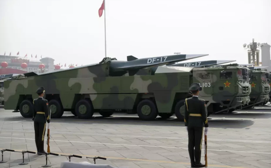Chinese military vehicles carrying DF-17 ballistic missiles during a parade in Beijing, Oct. 1, 2019. (AP Photo)