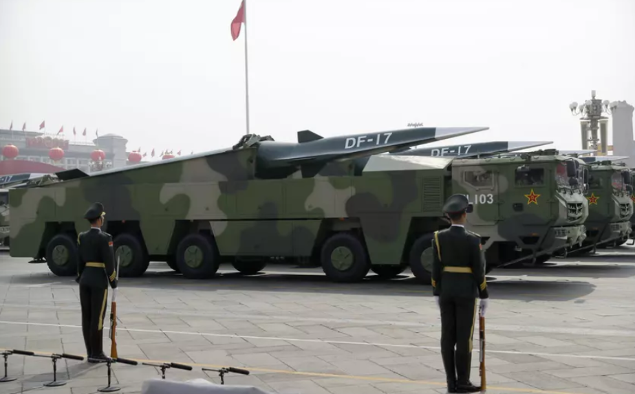 Chinese military vehicles carrying DF-17 ballistic missiles during a parade in Beijing, Oct. 1, 2019. (AP Photo)