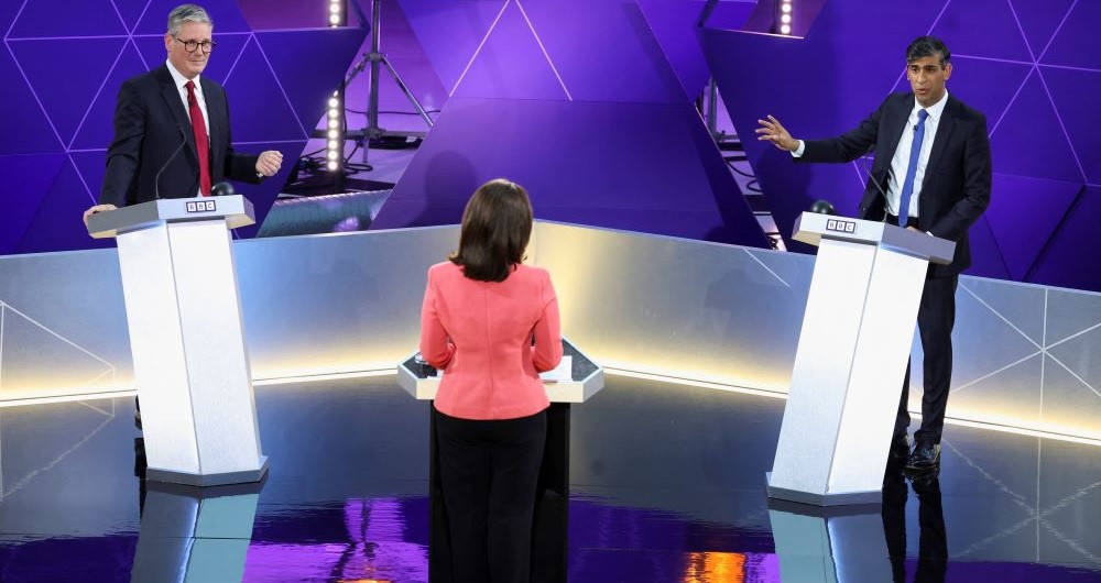 Keir Starmer and Rishi Sunak take part in the BBC’s Prime Ministerial Debate, Nottingham, England, June 26, 2024. (AP Photo)