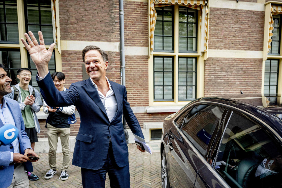 Netherlands' outgoing Prime Minister Mark Rutte gestures as he leaves his office in the Torentje after delivering a farewell speech in The Hague on June 30, 2024. (ANP photo via AFP)