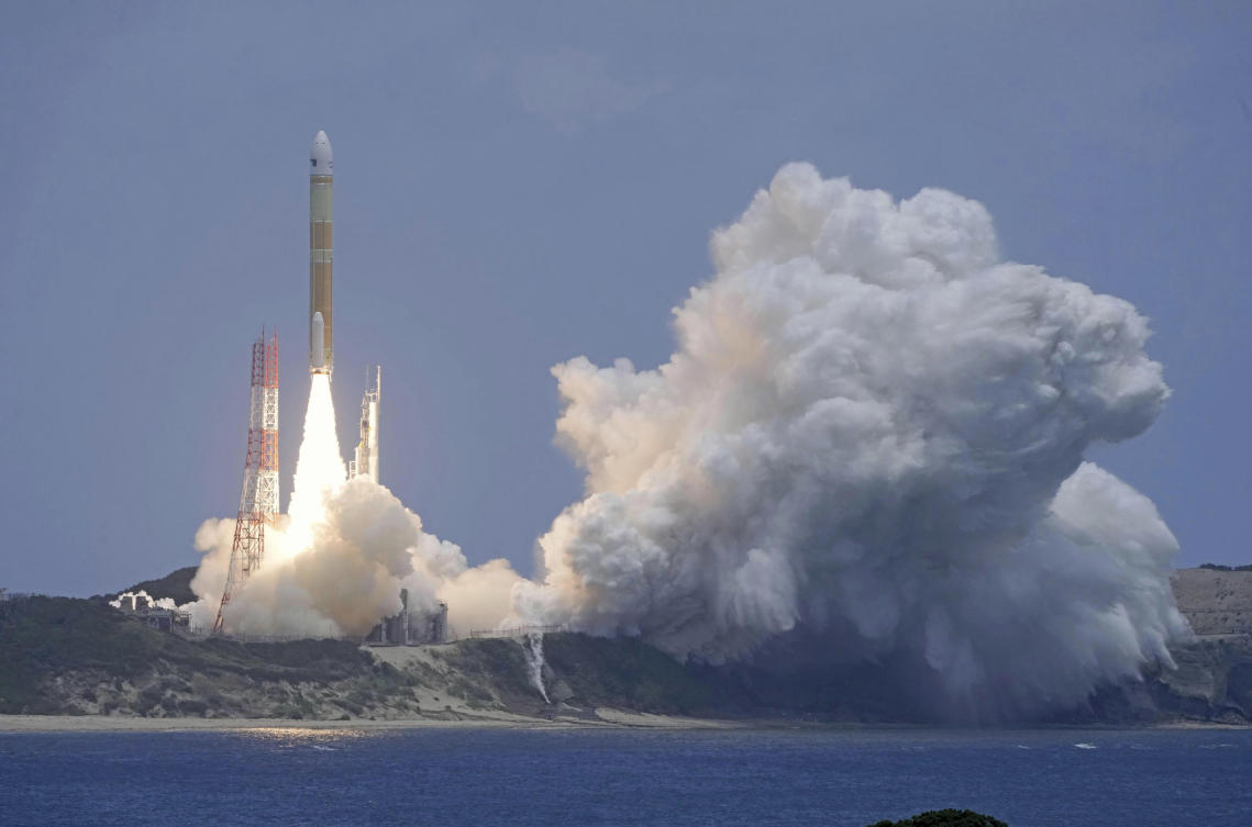 Japan’s H3 rocket with satellite Daichi 4 lifts off the launch pad in Tanegashima Space Center, Tanegashima, Kagoshima prefecture on July 1, 2024. (Kyodo News via AP)
