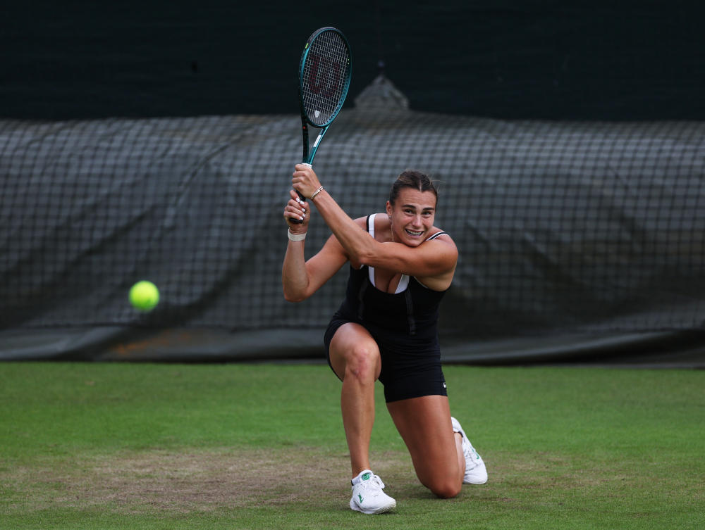 Above, Belarus’ Aryna Sabalenka during a practice session for the Wimbledon. The two-time Australian Open champion withdrew from Wimbledon because of an injured shoulder. (Reuters)