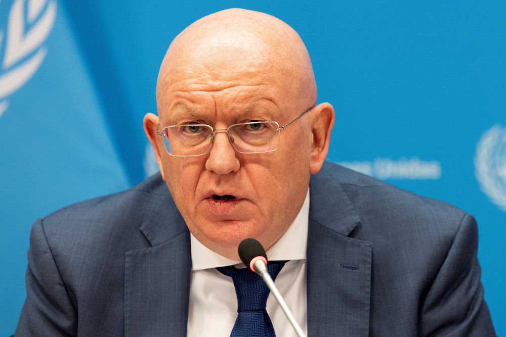 Russia’s Ambassador to the United Nations Vassily Nebenzia speaks during a press conference upon Russia assuming the role of President of the UN Security Council for the month of July, at the UN headquarters in New York City, US, July 1, 2024. (Reuters)