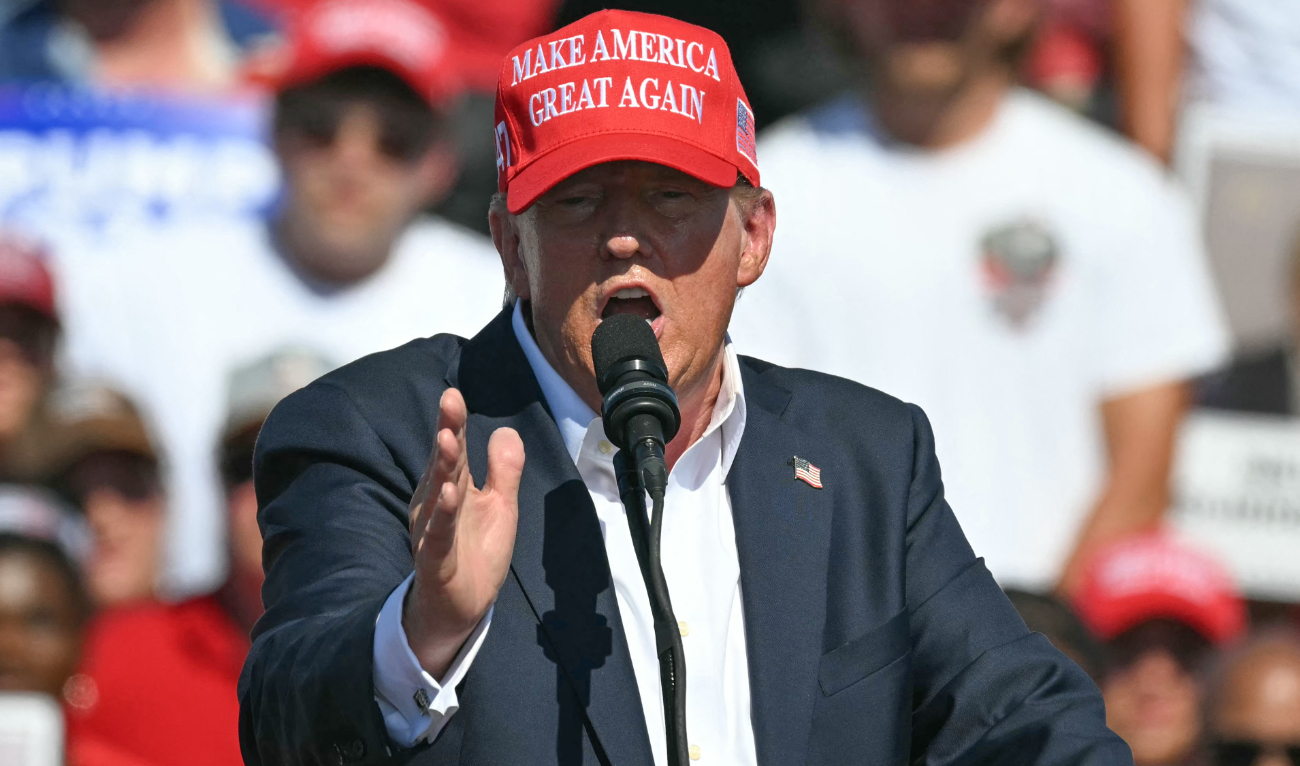 Former US President and Republican presidential candidate Donald Trump speaks during a campaign rally at the Historic Greenbrier Farms in Chesapeake, Virginia, on June 28, 2024. (AFP)