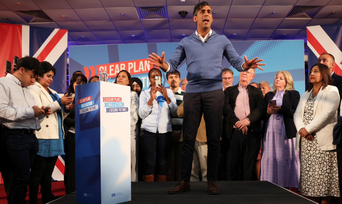 British Prime Minister Rishi Sunak delivers a speech at The Meeting Center as he campaigns in the Midlands on July 1, 2024 in Hinckley, Britain. (Reuters)