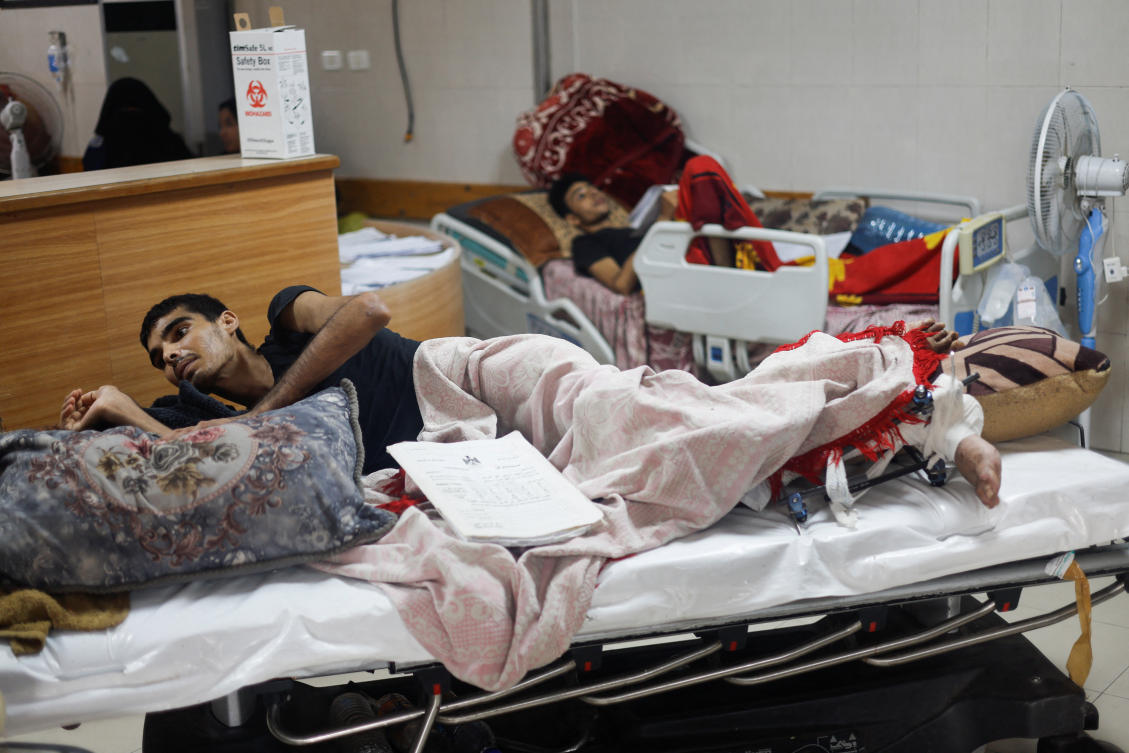Wounded Palestinians, who were evacuated from the European Hospital after the Israel army ordered Palestinians to evacuate the eastern part of Khan Younis, lie down at Nasser Hospital, in Khan Younis on Jul. 2, 2024. (Reuters)
