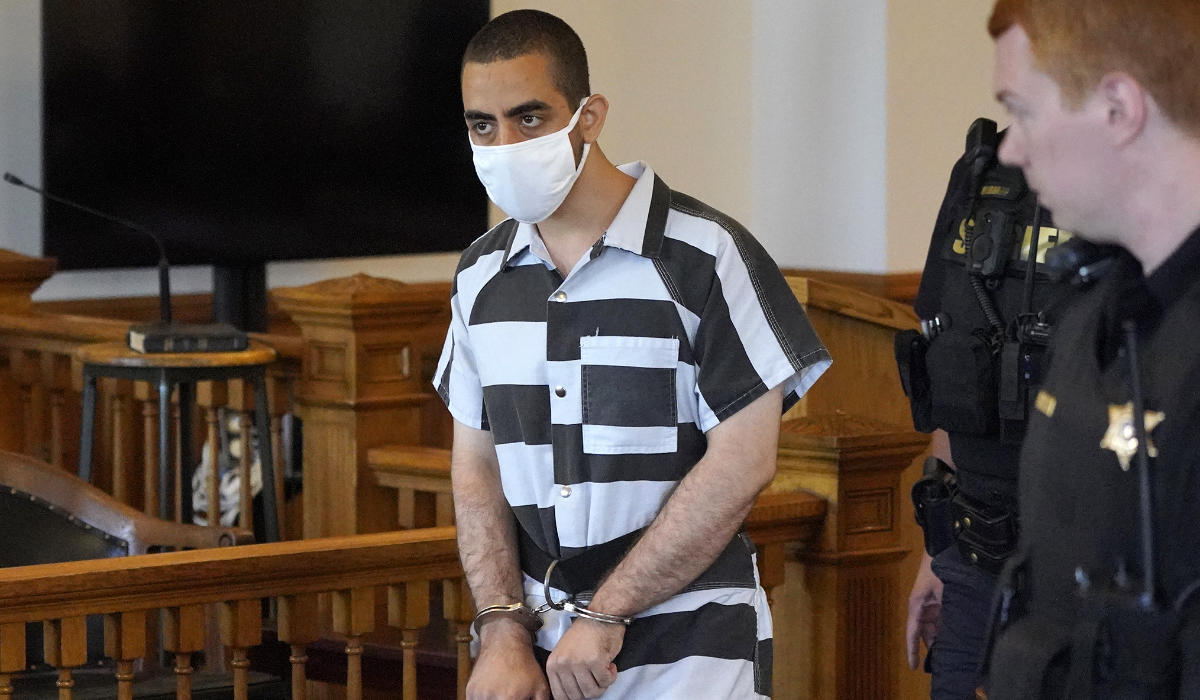 Hadi Matar, the man charged with stabbing author Salman Rushdie, arrives for an arraignment at the Chautauqua County Courthouse, Aug. 13, 2022, in Mayville, N.Y. (AP)