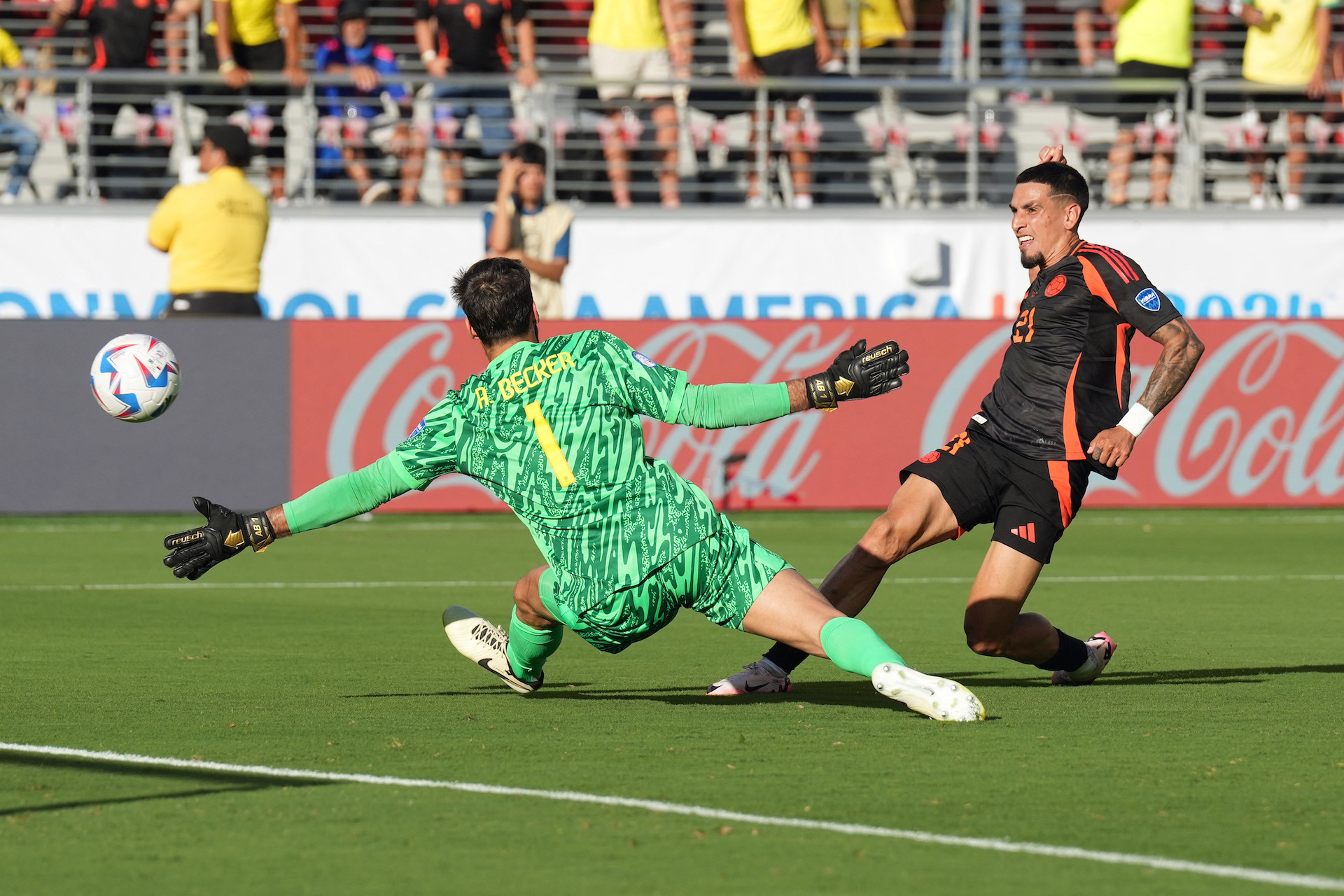 Colombia defender Daniel Munoz scores a goal against Brazil goalkeeper Alisson Becker during the first half of their Copa America Group D match at Levi's Stadium on Tuesday. USA TODAY Sports)