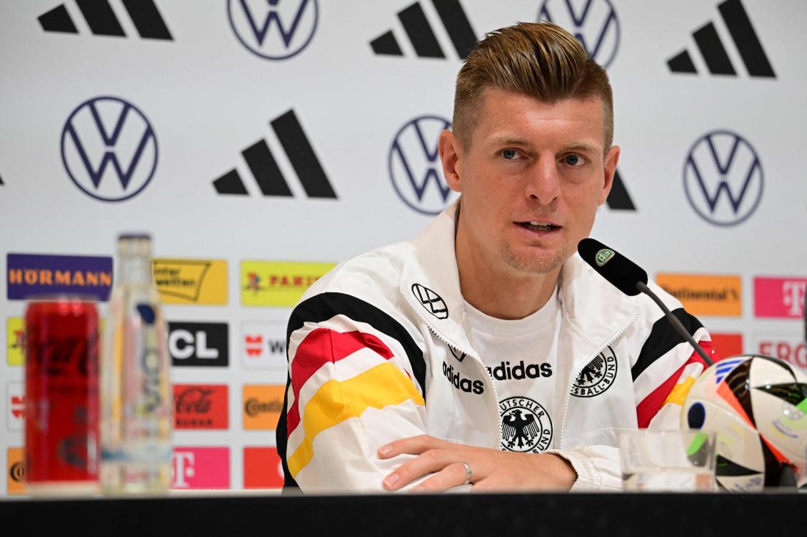 Germany’s midfielder Toni Kroos gives a press conference at the team’s base camp in Herzogenaurach, on Jul. 3, 2024, during the UEFA Euro 2024 championship. (AFP)