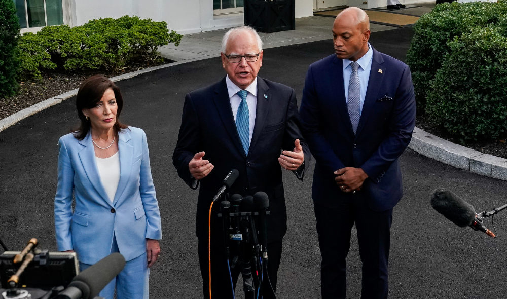 Minnesota Governor Tim Walz speaks to the press with New York Governor Kathy Hochul and Maryland Governor Wes Moore after attending a meeting with Biden on Wednesday. (Reuters)