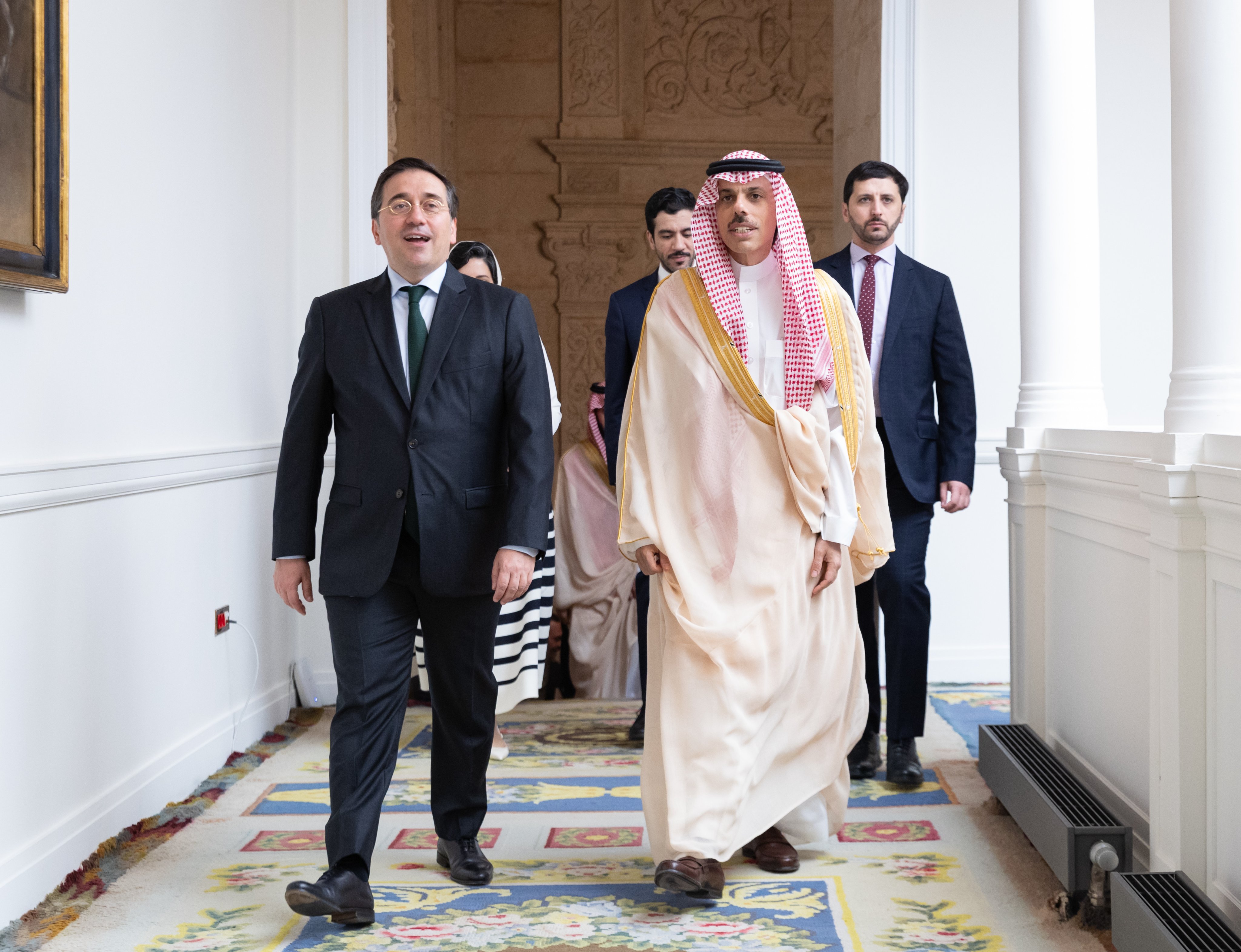 Saudi Foreign Minister Prince Faisal bin Farhan is received by his Spanish counterpart Jose Manuel Albares in Madrid on Thursday. (SPA)