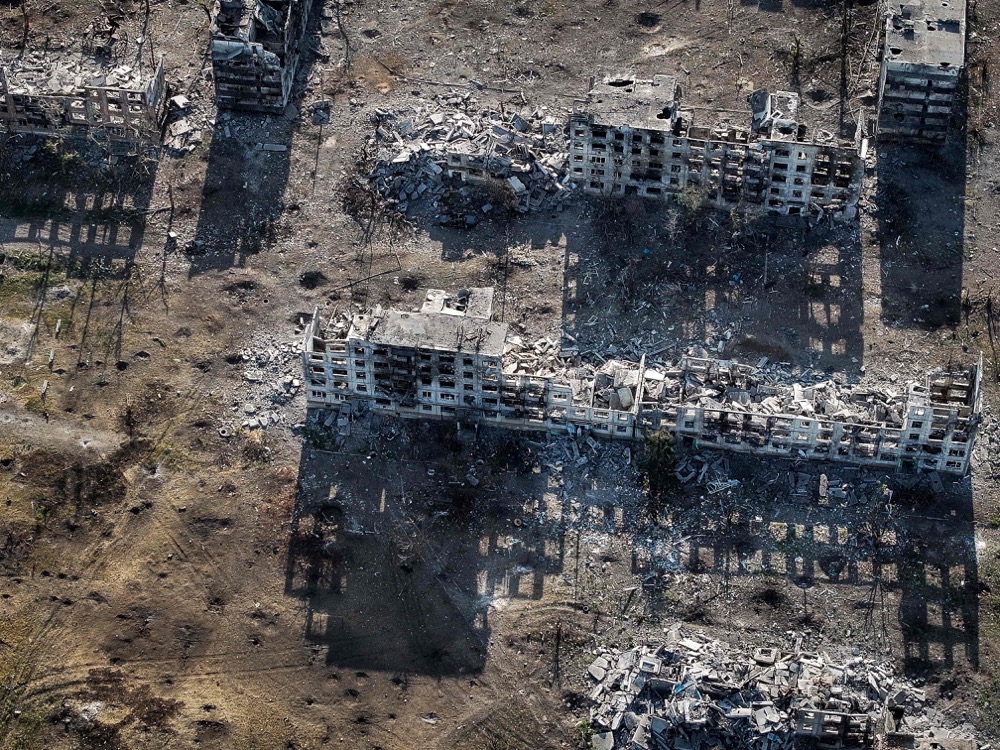 An aerial view of the destroyed Novyy district in the town of Chasiv Yar, Donetsk region. (24th Mechanized Brigade of Ukrainian Armed Forces/AFP)