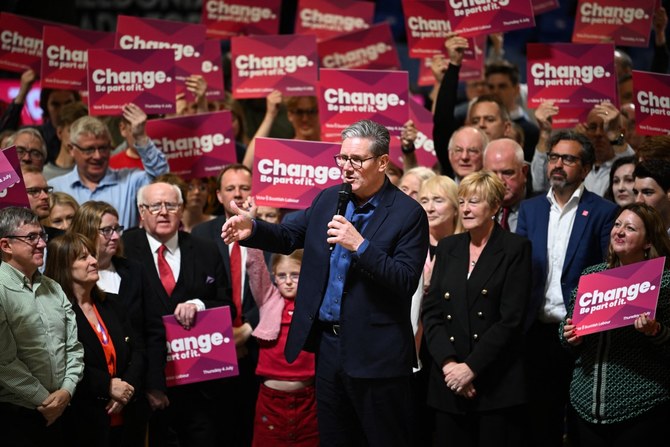 Britain's main opposition Labour Party leader Keir Starmer delivers a speech during a campaign event in Glasgow on July 3, 2024 on the eve of the the UK general election.(AFP)