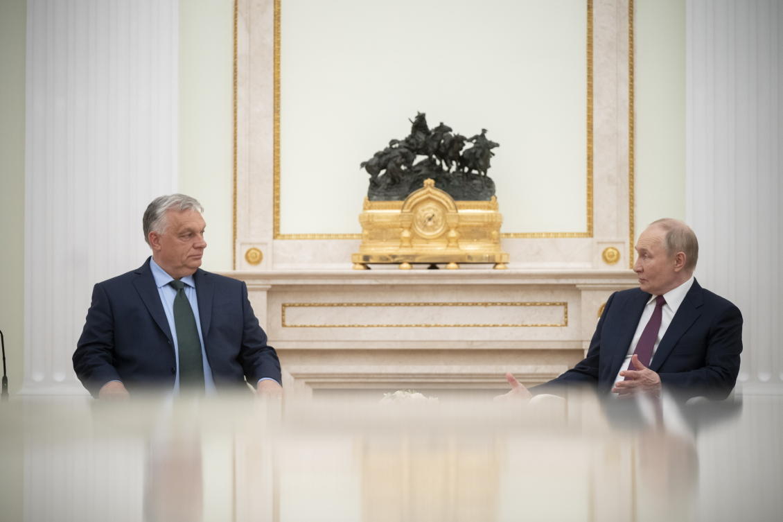 In this picture issued by the Hungarian PM’s Press Office Russian President Vladimit Putin and Hungarian Prime Minister Viktor Orban are seen during their meeting in the Kemlin in Moscow on Jul. 5, 2024. (AP)