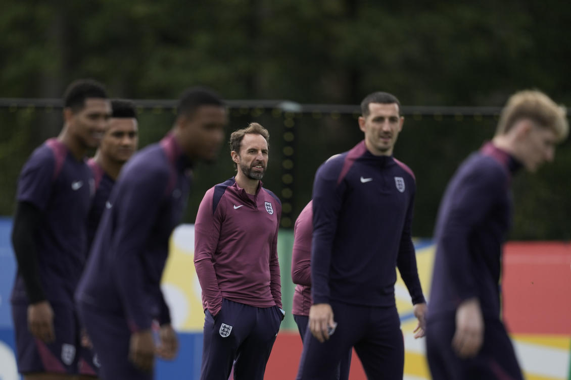 England’s manager Gareth Southgate looks on during a training session in Blankenhain, Germany, on Jul. 5, 2024 ahead of their quarter final match against Switzerland at the Euro 2024. (AP)