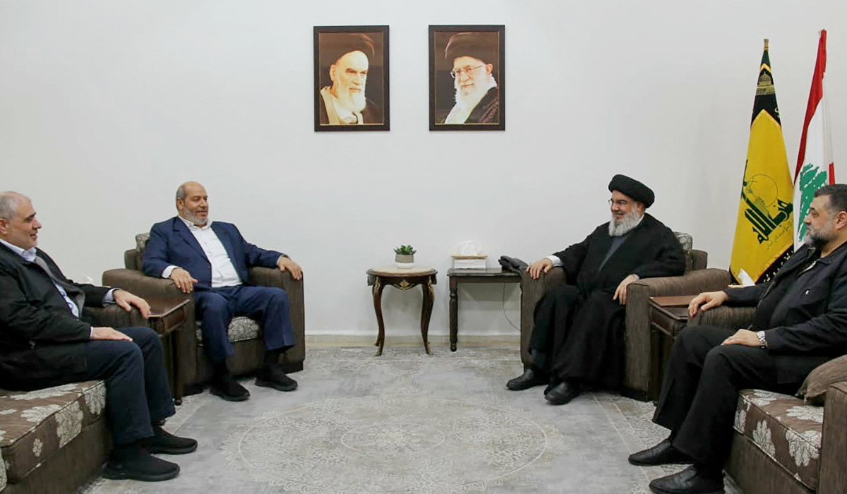 Lebanon's Hezbollah leader Sayyed Hassan Nasrallah meets with top Hamas official Khalil Al-Hayya in this handout picture obtained by Reuters on July 5, 2024, Lebanon. (REUTERS)