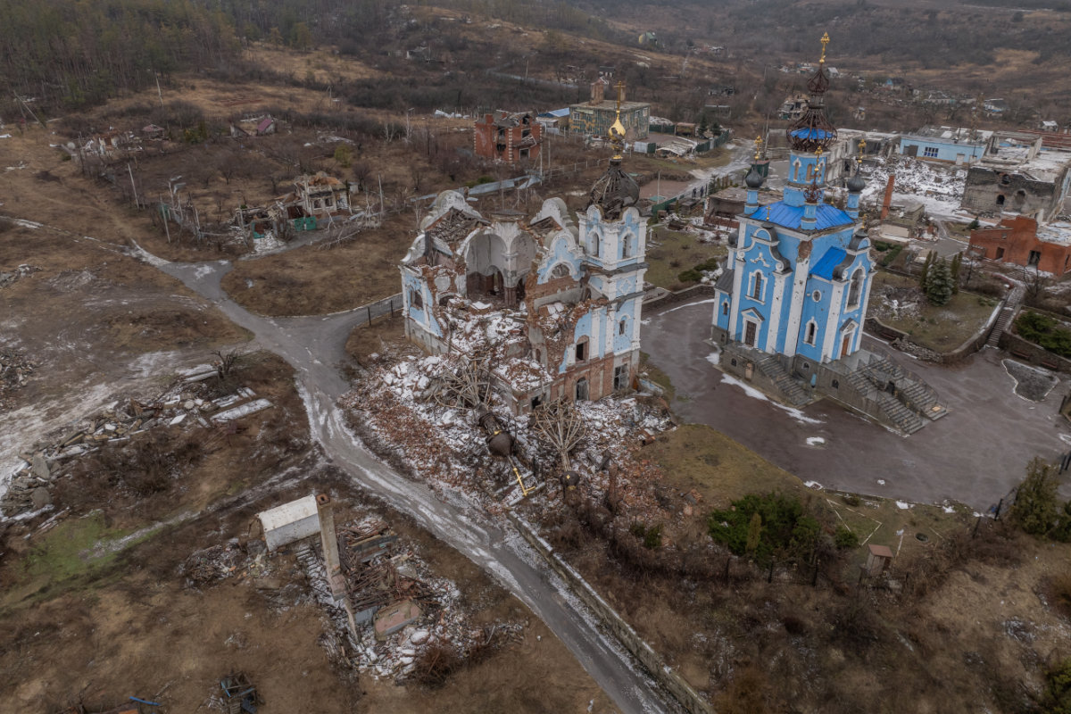 Aerial photograph showing destruction in the village of Bohorodychne in Ukraine's Donetsk region on January 27, 2024, which came under heavy attack by Russian forces in June 2022. (AFP/File)