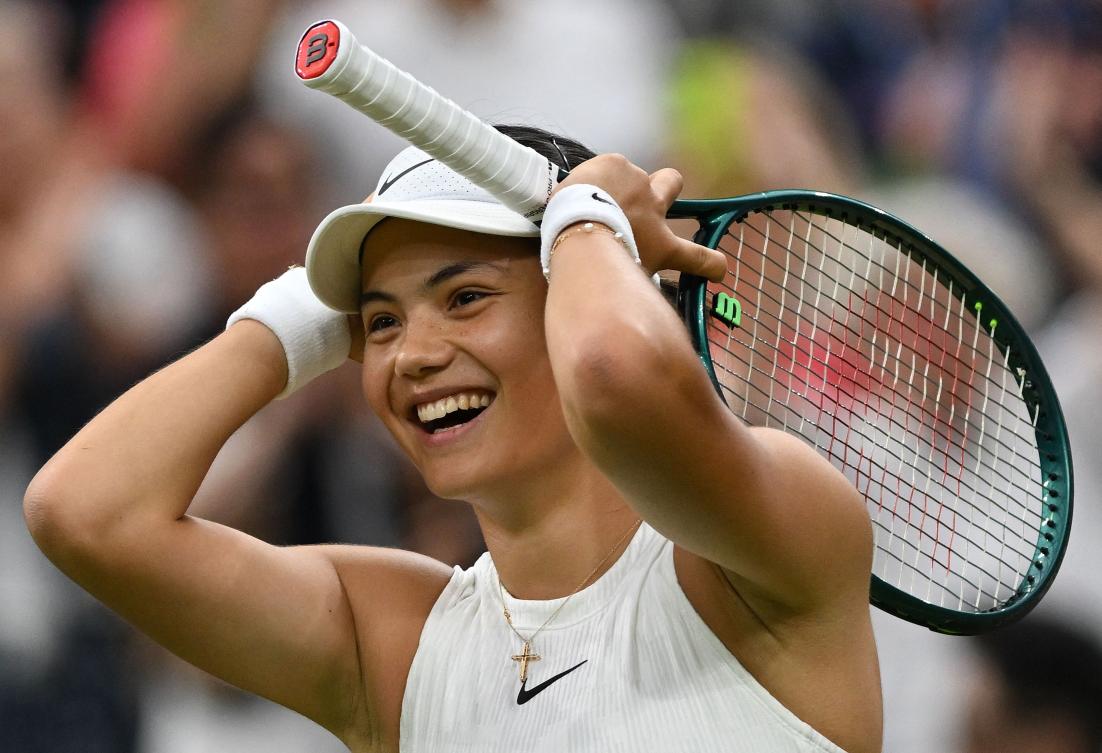 Britain’s Emma Raducanu celebrates winning against Greece’s Maria Sakkari during their women’s singles tennis match on the fifth day of the 2024 Wimbledon Championships at The All England Lawn Tennis and Croquet Club in Wimbledon, on Jul. 5, 2024. (AFP)
