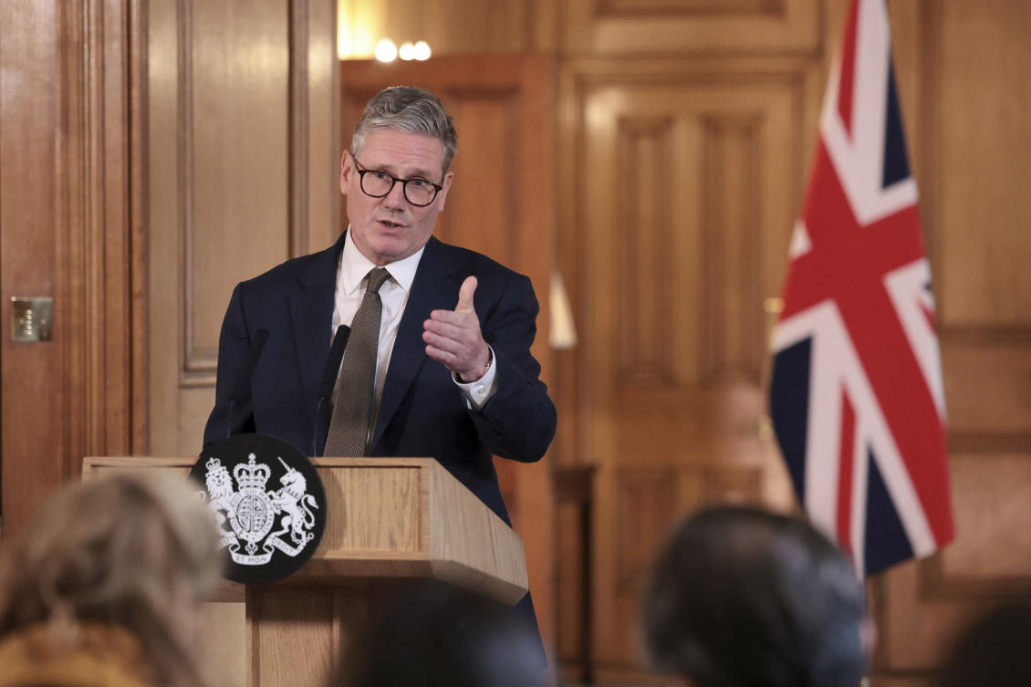 British Prime Minister Keir Starmer delivers a speech, following his first cabinet meeting as Prime Minister, in London, Saturday, July 6, 2024. (AP)