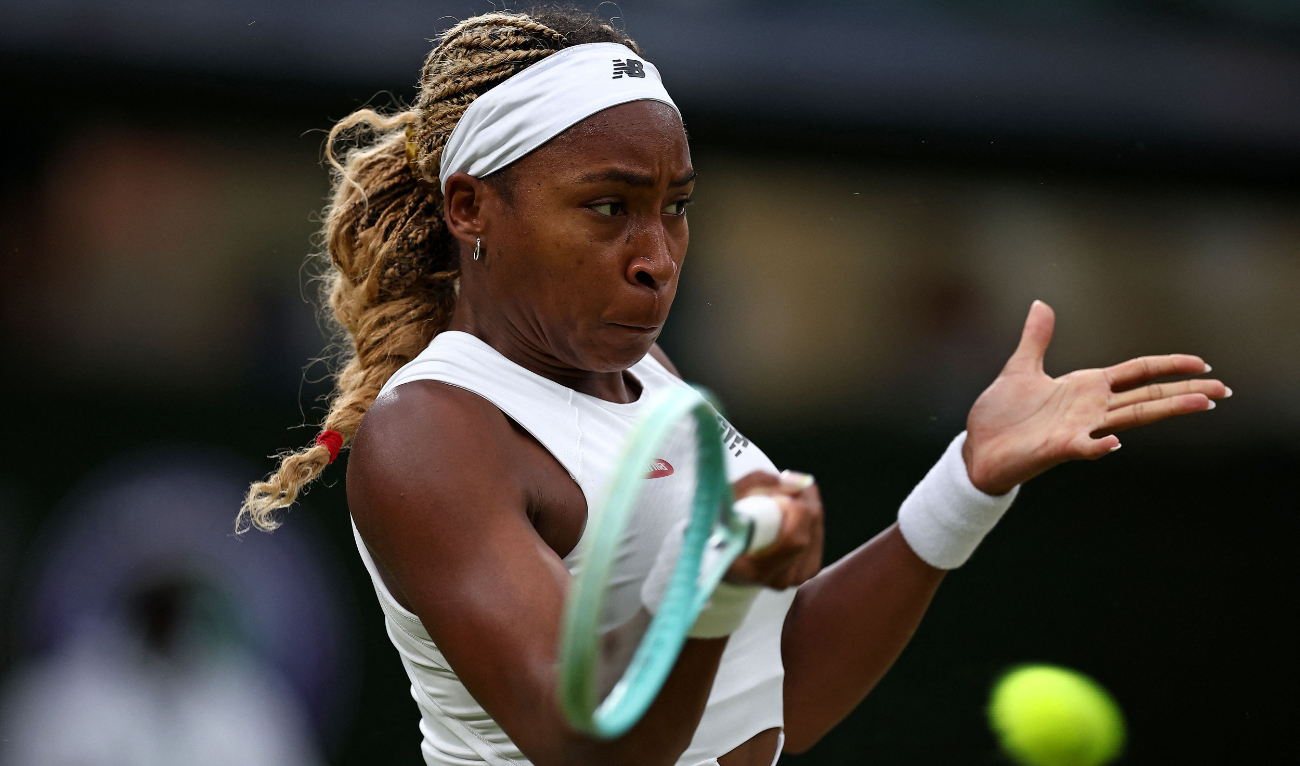 Coco Gauff returns against Emma Navarro during their women’s singles fourth round tennis match on the seventh day of the 2024 Wimbledon Championships at The All England Lawn Tennis and Croquet Club in Wimbledon, southwest London, on July 7, 2024. (AFP)