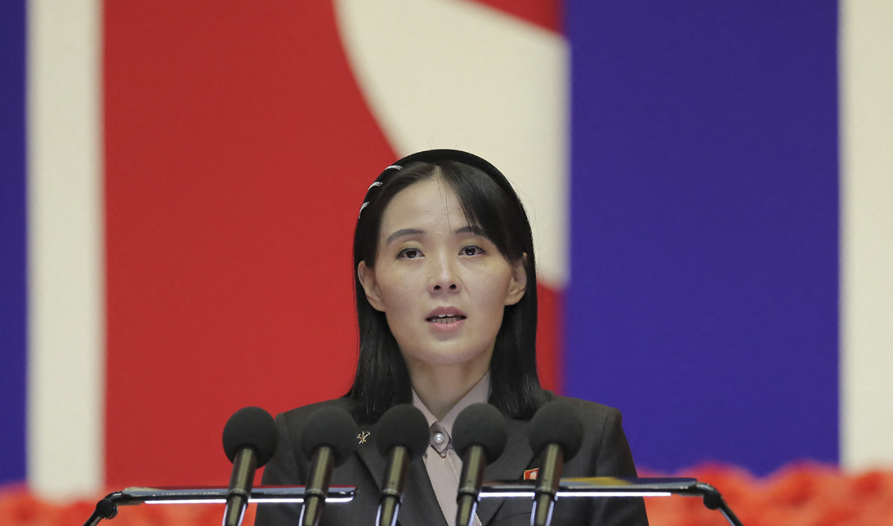 Kim Yo Jong, the sister of North Korea’s leader Kim Jong Un, speaking at the National Emergency Prevention General Meeting in Pyongyang on August 10, 2022. (AFP/File)