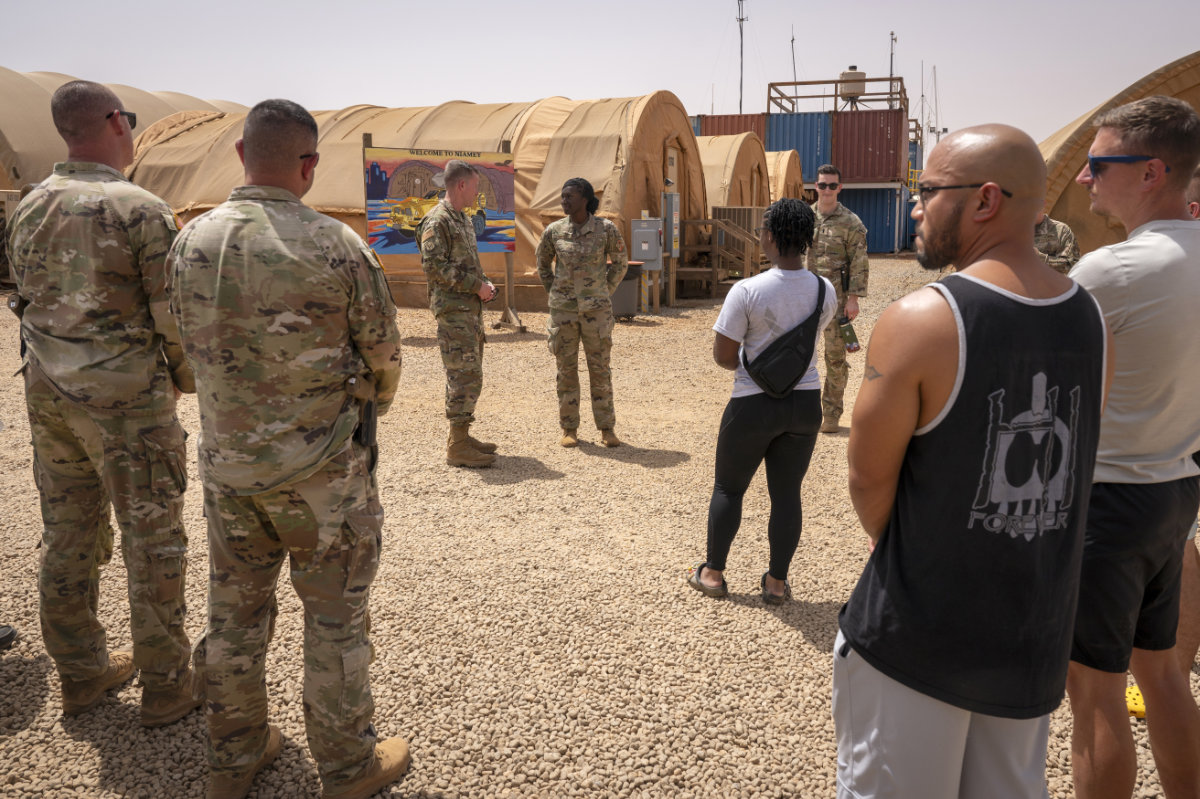 In this photo taken on May 30, 2024, Maj. Gen. Kenneth P. Ekman, the US military commander in Niger, speaks to his troops at Air Base 101 in Niamey. Ekman says all American forces and equipment will leave a smaller base in the West African country this weekend and fewer than 500 remaining troops will be out of a critical drone base in August. (US Air Force photo via AP)