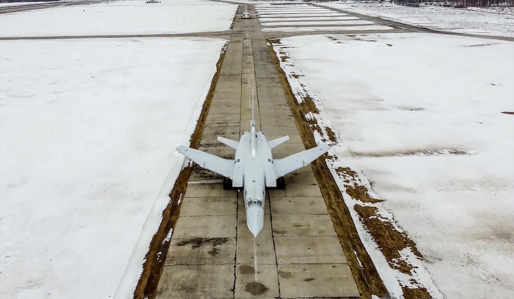 A Tupolev Tu-22M3 Backfire strategic bomber takes off during joint exercises of Russia and Belarus on Feb. 9, 2022. (AFP file photo)