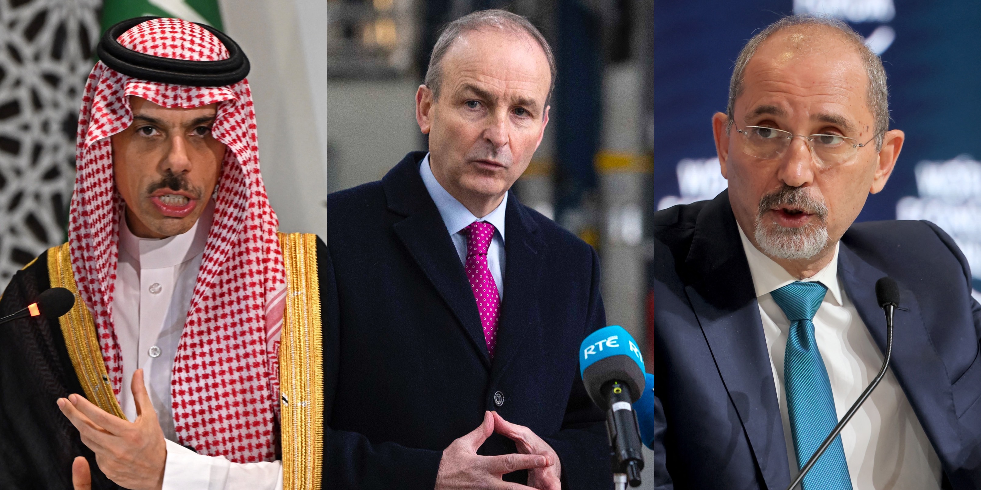 Jordan’s Foreign Minister Ayman Safadi, Saudi Foreign Minister Prince Faisal bin Farhan, Irish Foreign Minister Michael Martin. (File/AFP)