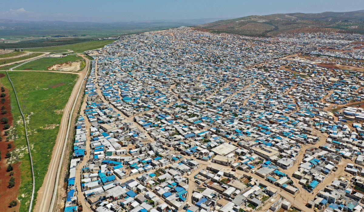 An aerial view shows the Atme camp for displaced Syrians close to the border with Turkey in Syria's northwestern Idlib province, on April 19, 2020. (AFP file photo)