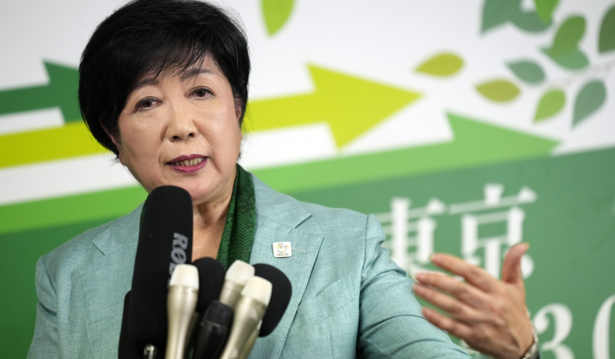 Incumbent Tokyo Gov. Yuriko Koike delivers a speech after she was elected for Tokyo's gubernatorial election in Tokyo, Sunday, July 7, 2024. (AP)