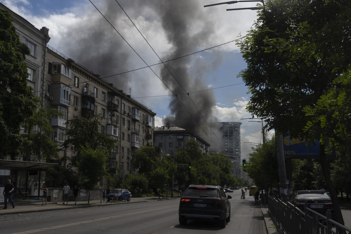 Smoke rises up after Russia’s massive missile attack in central Kyiv, Ukraine, Monday, July 8, 2024. A major Russian missile attack across Ukraine killed at least 20 people and injured more than 50 on Monday, officials said, with one missile striking a large childrens hospital in the capital, Kyiv, where emergency crews searched rubble for casualties. (AP)