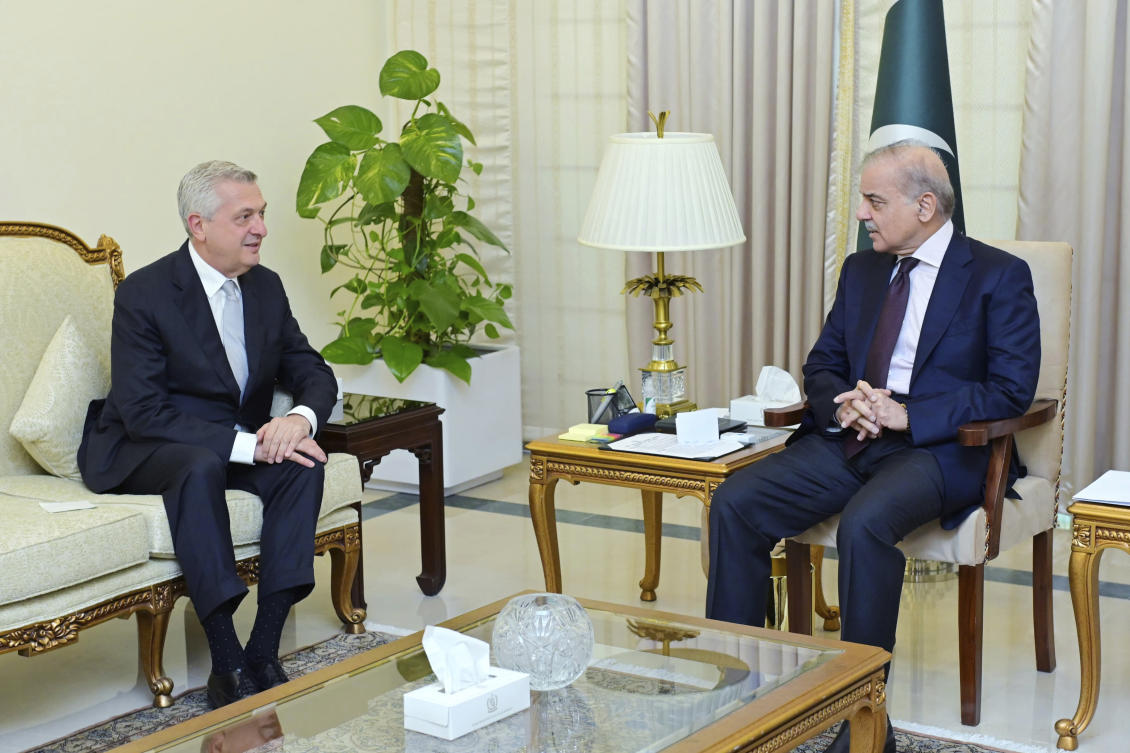 In this photo released by Pakistan’s Prime Minister Office, the UN High Commissioner for Refugees, Filippo Grandi, left, meets with Pakistan’s Prime Minister Shehbaz Sharif, in Islamabad, Pakistan, Tuesday, July 9, 2024.(AP)