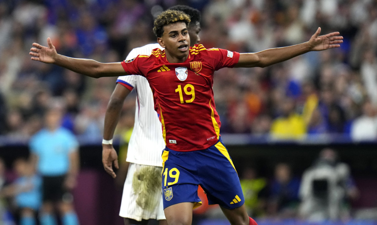 Spain's Lamine Yamal reacts during a semifinal match between Spain and France at the Euro 2024 soccer tournament in Munich, Germany, Tuesday, July 9, 2024. (AP)