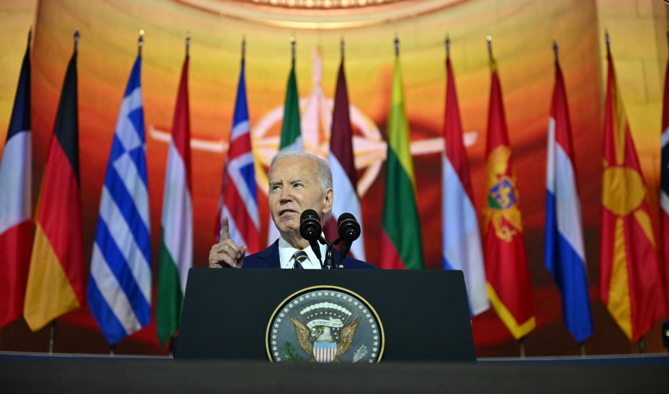 US President Joe Biden speaks during the NATO 75th Anniversary Celebratory Event at the Mellon Auditorium in Washington, DC, on July 9, 2024. (AFP)